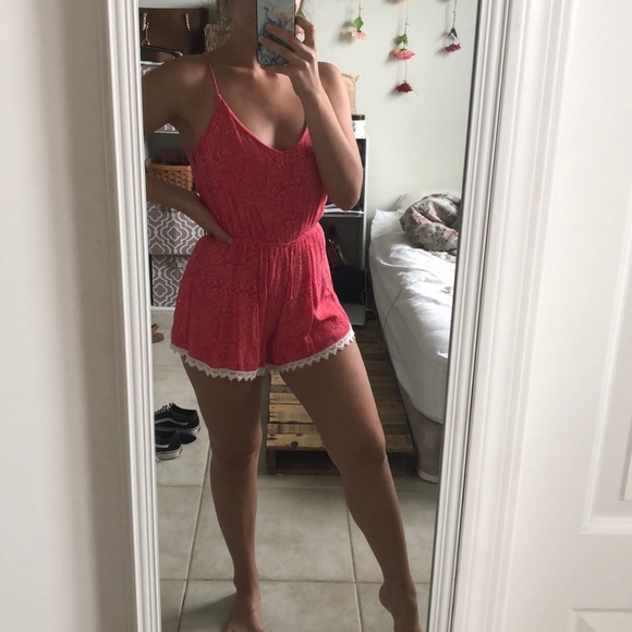 Francesca's Collections Other - Hot Pink Patterned Romper w/ Lace Trim